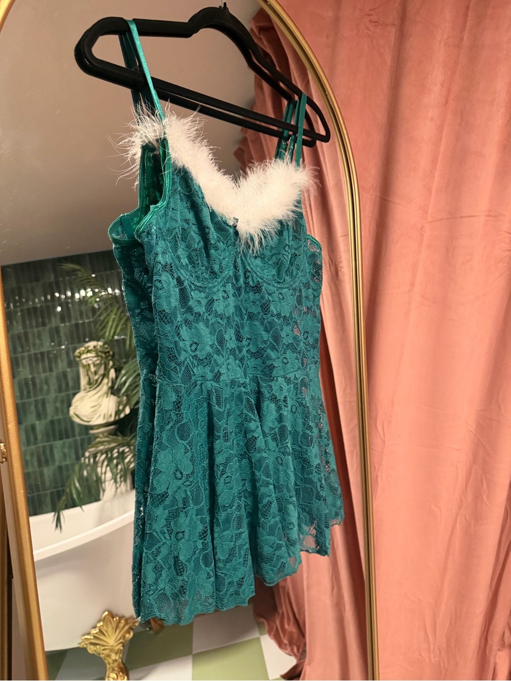 Teal Lace Slip Dress with White Feather Trim